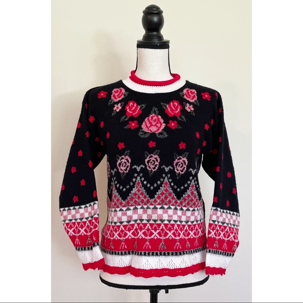 Vintage 90s Knit Rose Sweater - Picture 1 of 5
